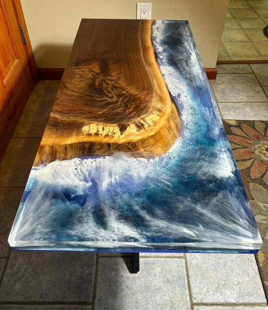 "OCEAN'S EDGE" WALNUT AND EPOXY COFFEE TABLE