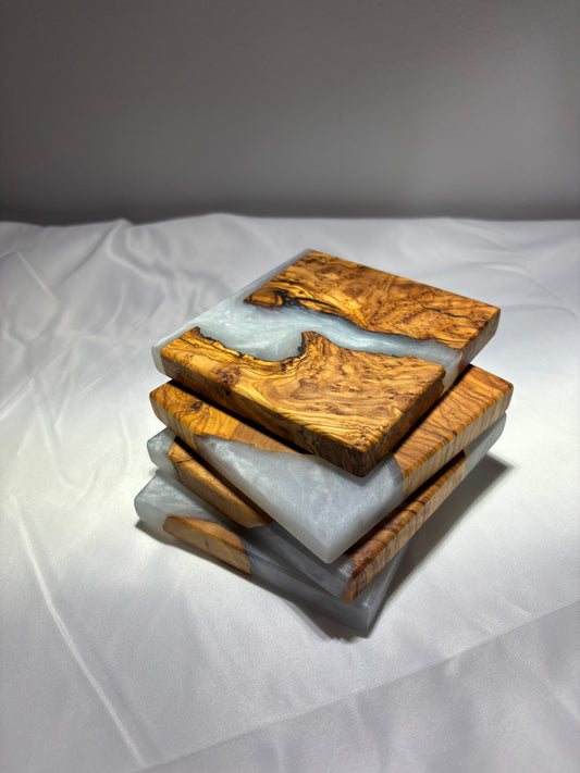 OLIVE WOOD AND FROSTY WHITE EPOXY COASTERS