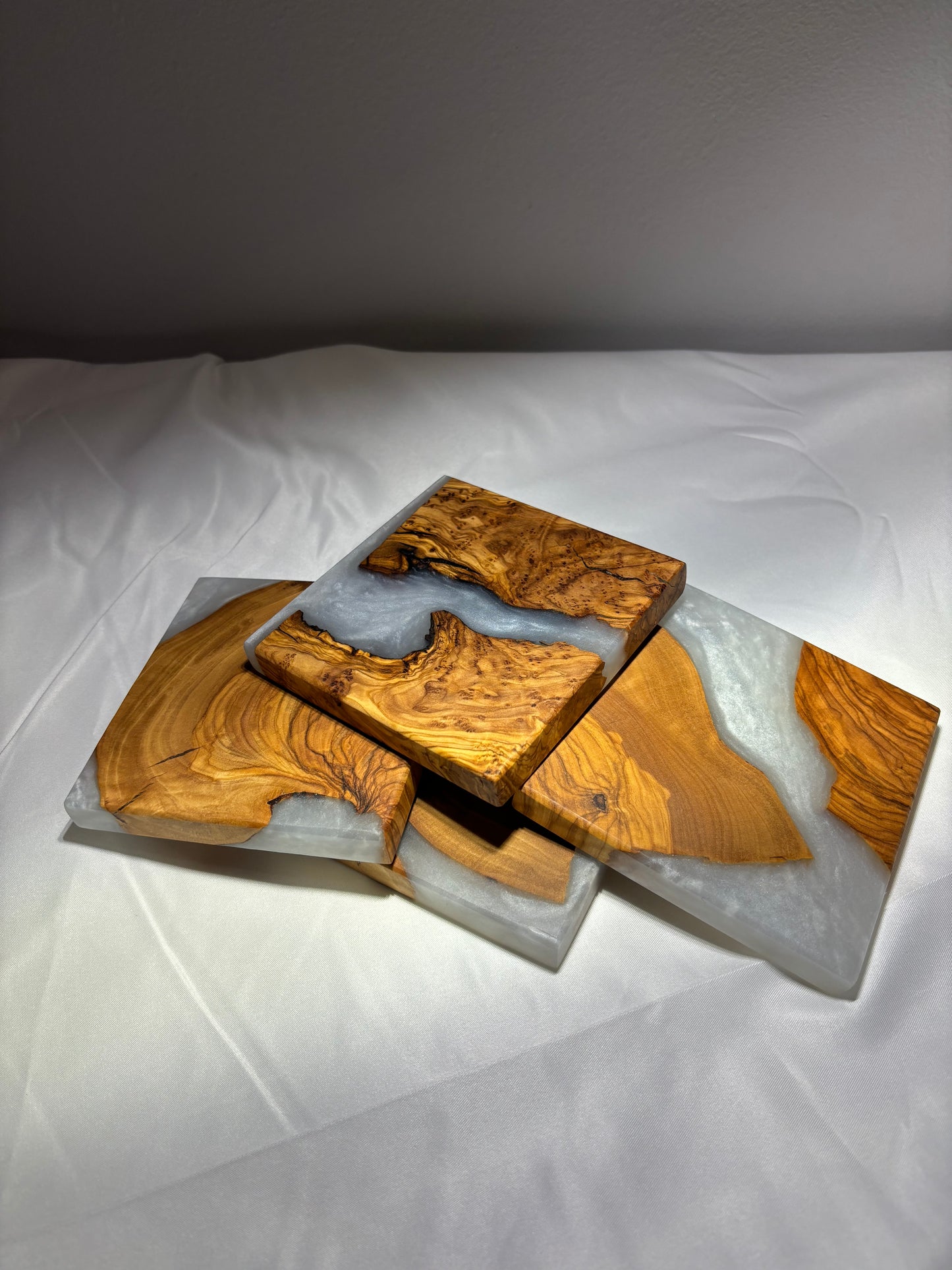 OLIVE WOOD AND FROSTY WHITE EPOXY COASTERS