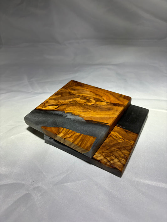 OLIVE WOOD AND GUN METAL GREY EPOXY COASTERS