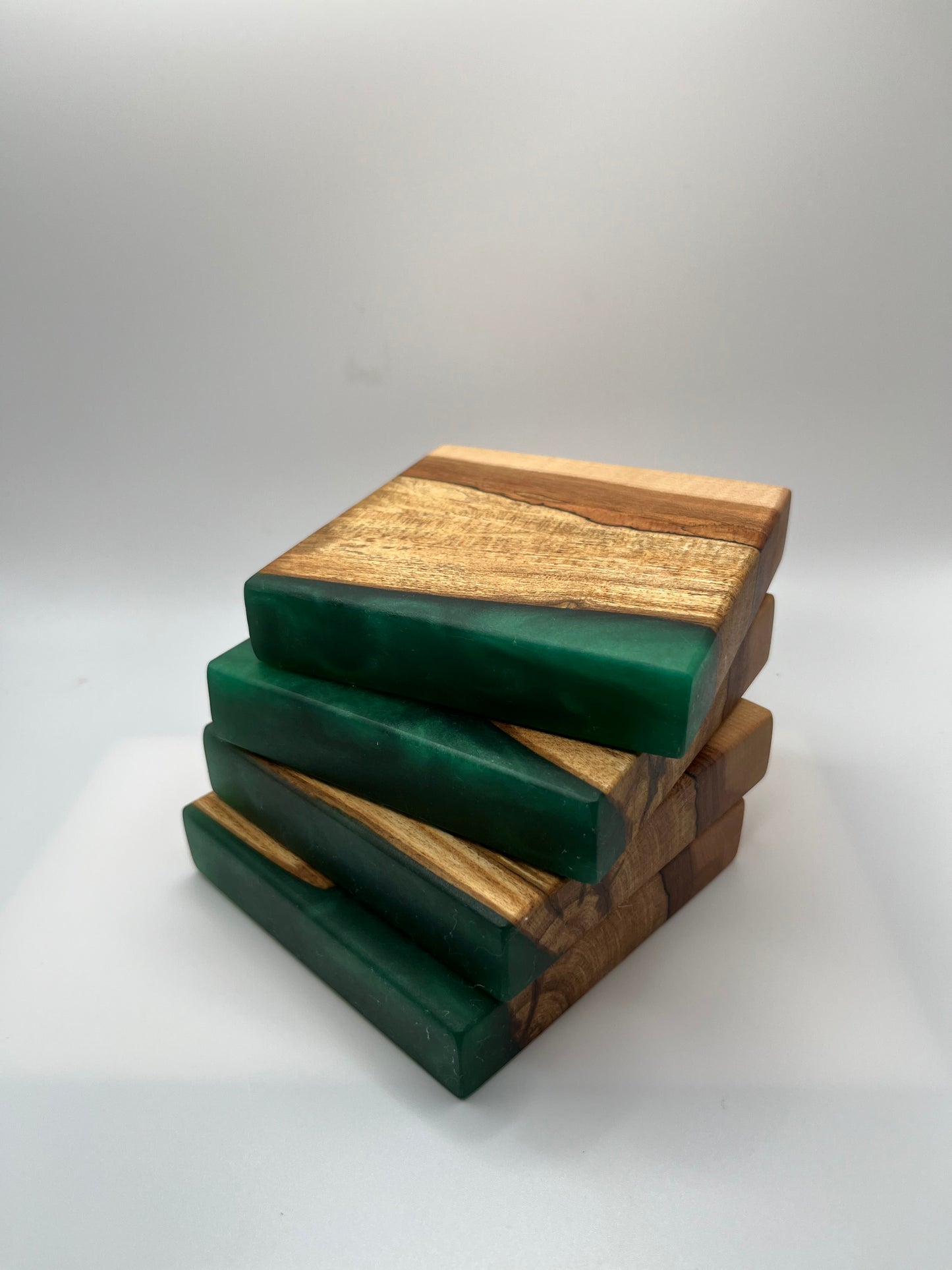 SPALTED ELM AND EMERALD GREEN EPOXY COASTERS