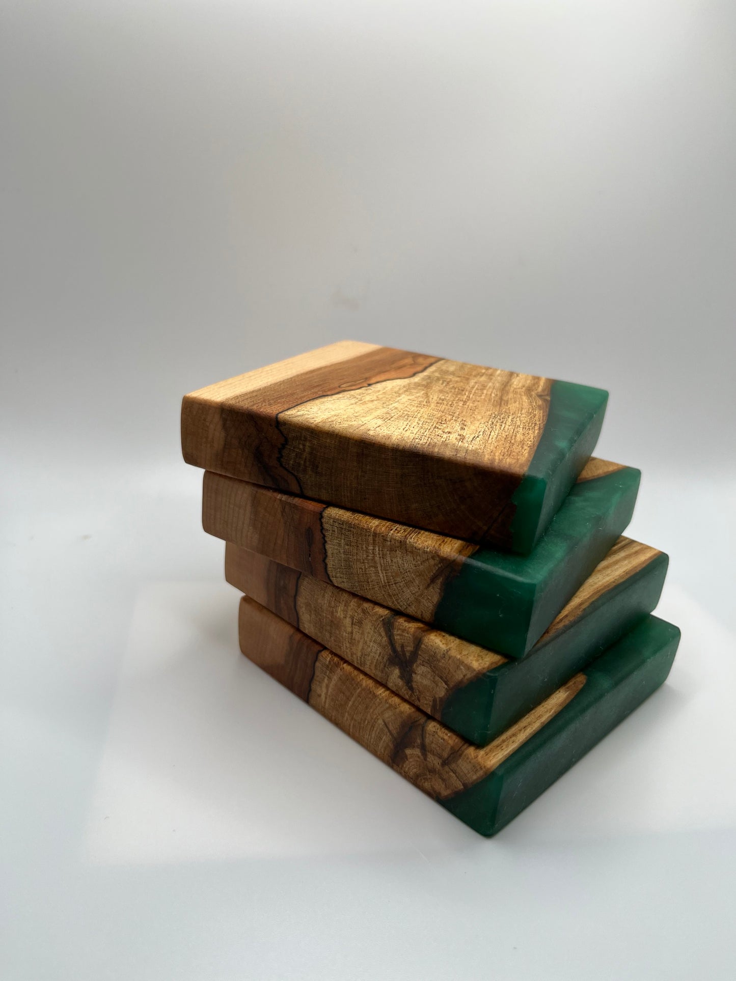 SPALTED ELM AND EMERALD GREEN EPOXY COASTERS