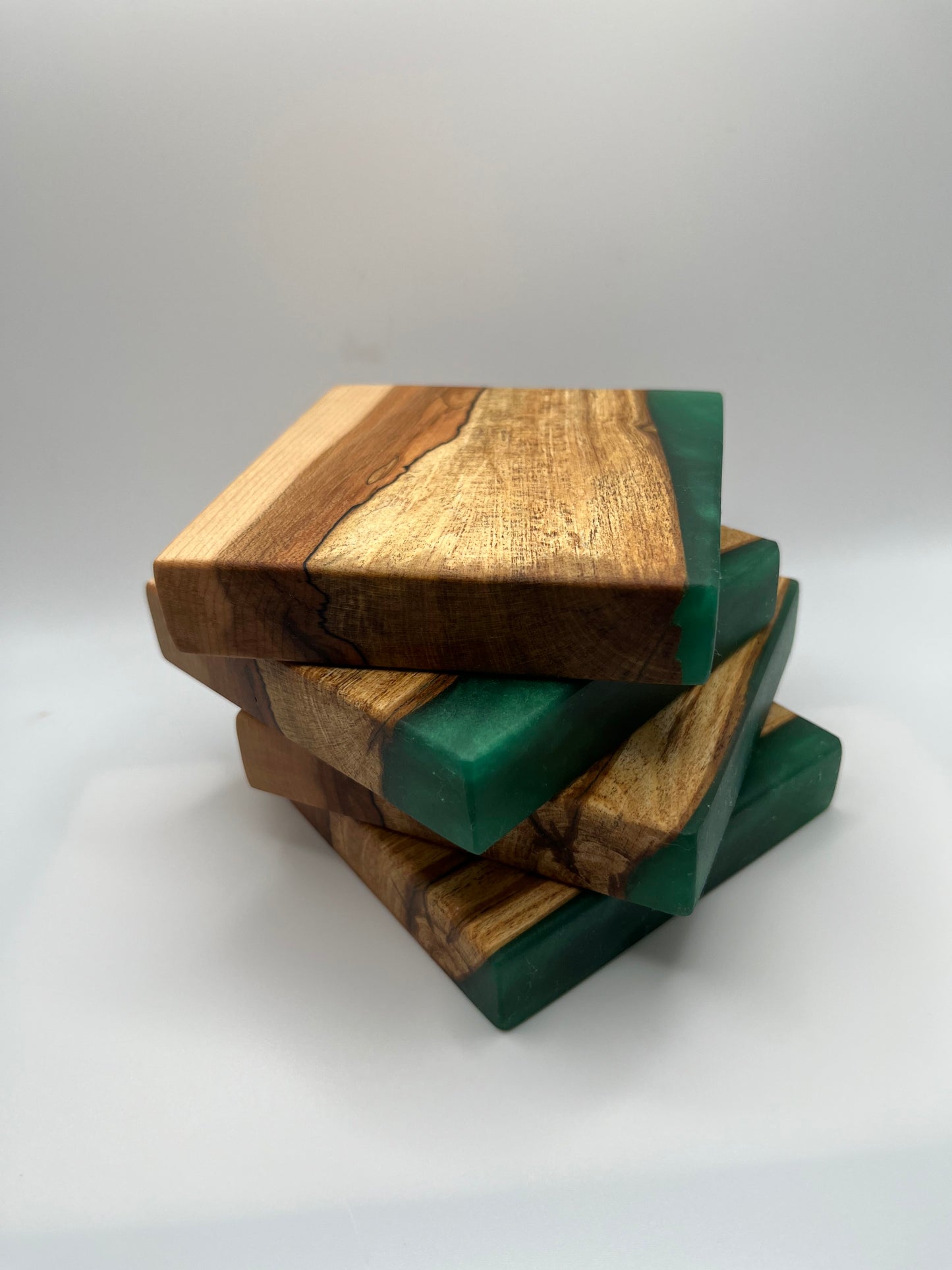 SPALTED ELM AND EMERALD GREEN EPOXY COASTERS