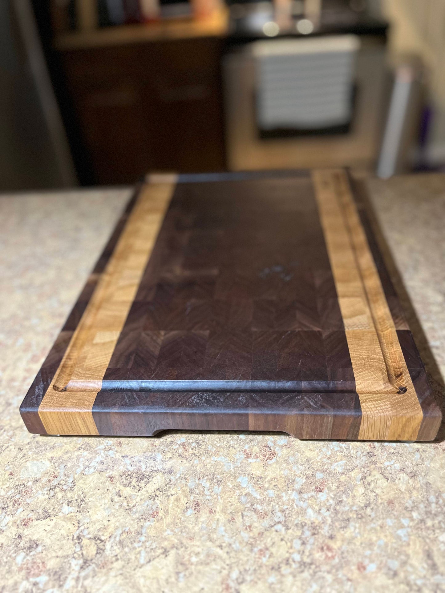 BLACK WALNUT AND WHITE OAK END GRAIN CUTTING BOARD