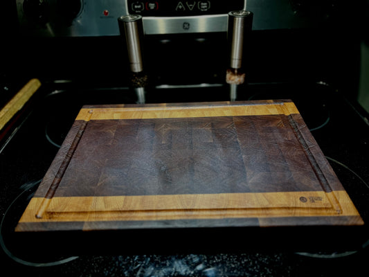 BLACK WALNUT AND WHITE OAK END GRAIN CUTTING BOARD