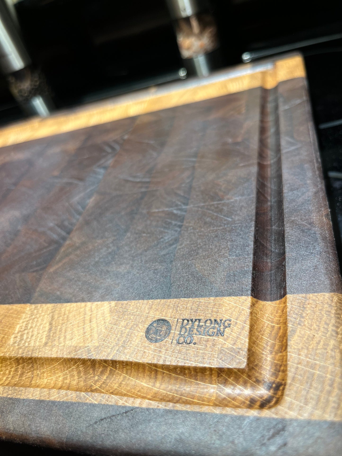 BLACK WALNUT AND WHITE OAK END GRAIN CUTTING BOARD