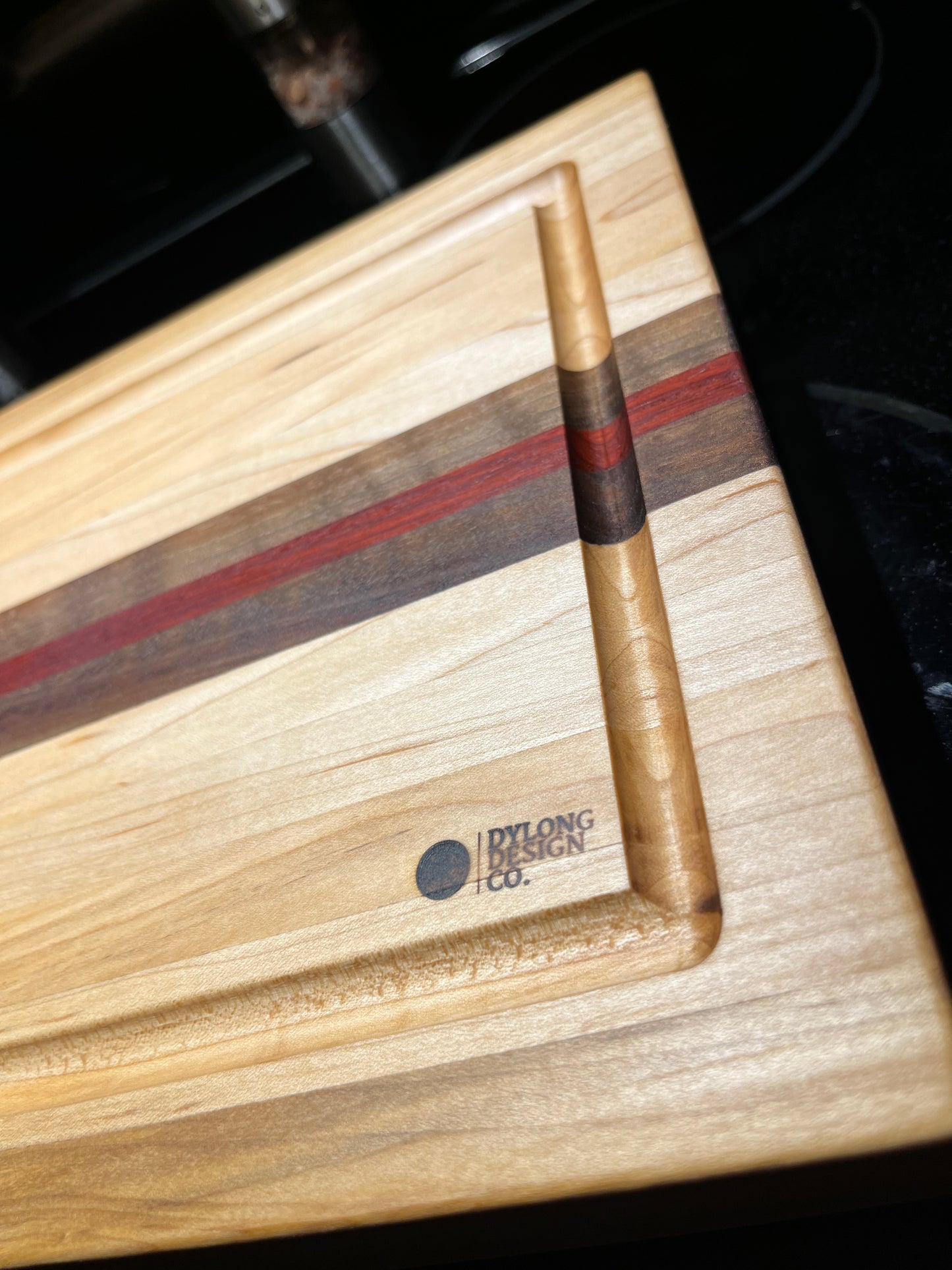 MAPLE BUTCHER BLOCK WITH WALNUT AND PADAUK STRIPES