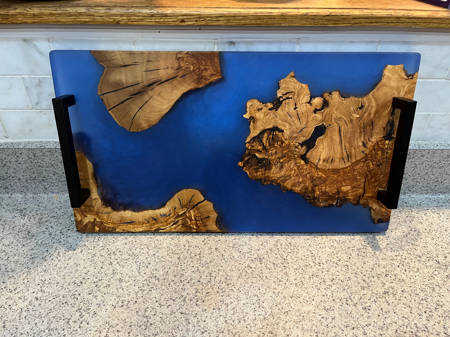 OLIVE WOOD BURL AND OCEAN BLUE EPOXY SERVING TRAY