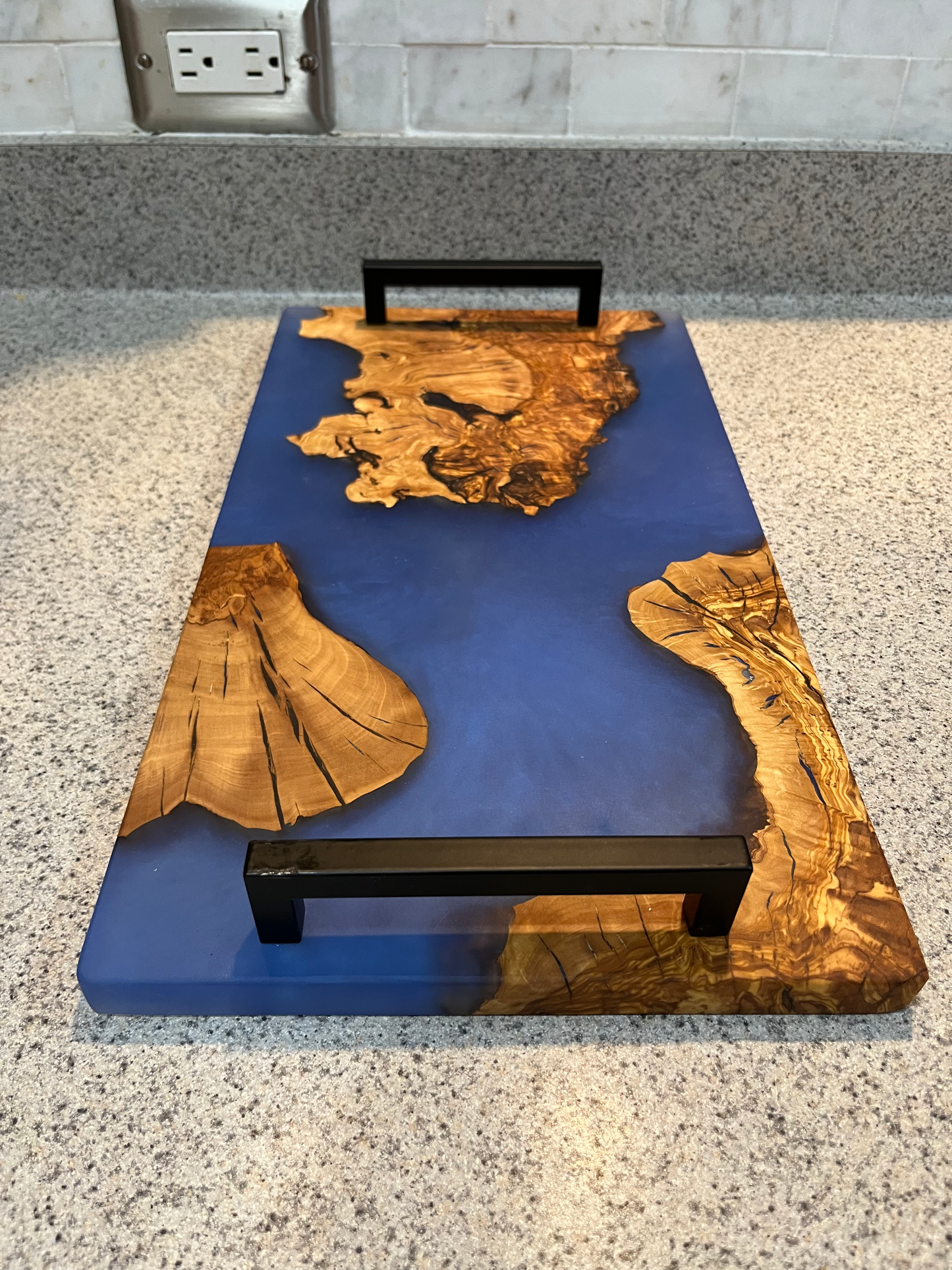 OLIVE WOOD BURL AND OCEAN BLUE EPOXY SERVING TRAY